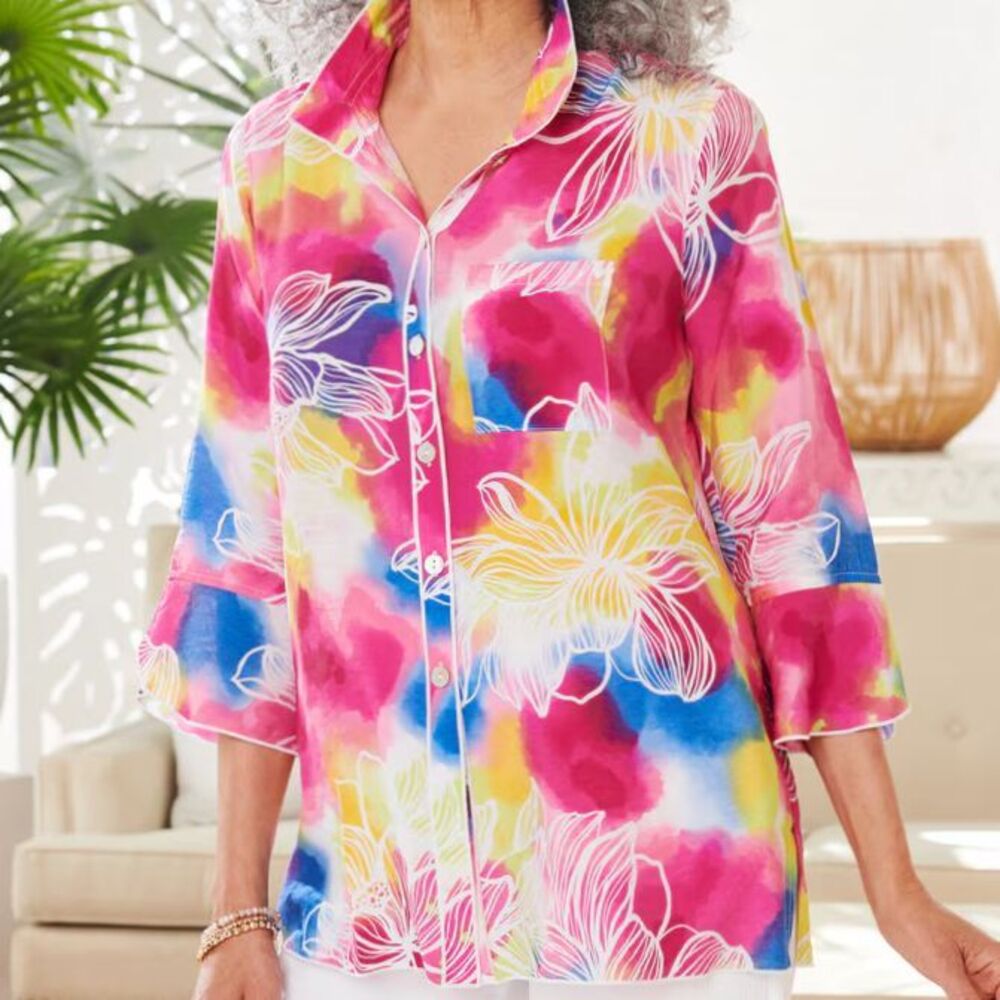 Multiples Watercolor Floral Tunic Top 3X Pink Yellow Blue 3/4 Sleeve Button Up w